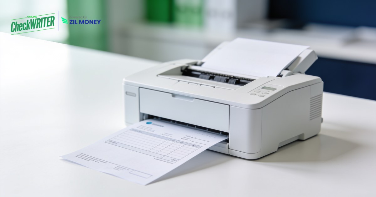 Check printing online on demand with OnlineCheckWriter.com Business owner using online check printing to print a check on blank stock