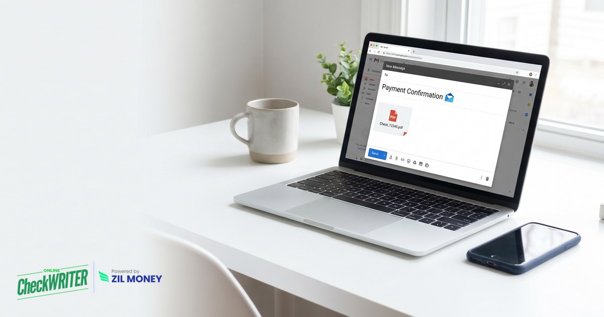 Email Checks Featured Image A laptop composing an email with a check PDF attached, used to email checks with OnlineCheckWriter.com