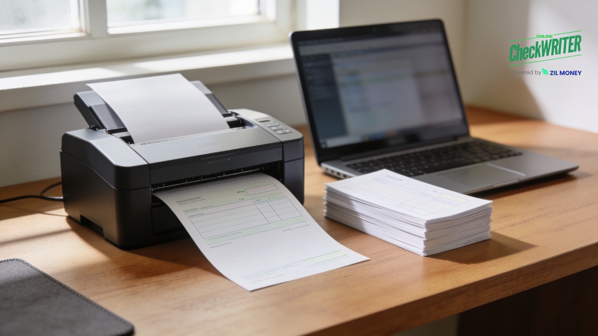 How to Print Checks at Home, Step by Step – Hero Image Home desk scene with a printer producing a check next to blank check stock and a laptop