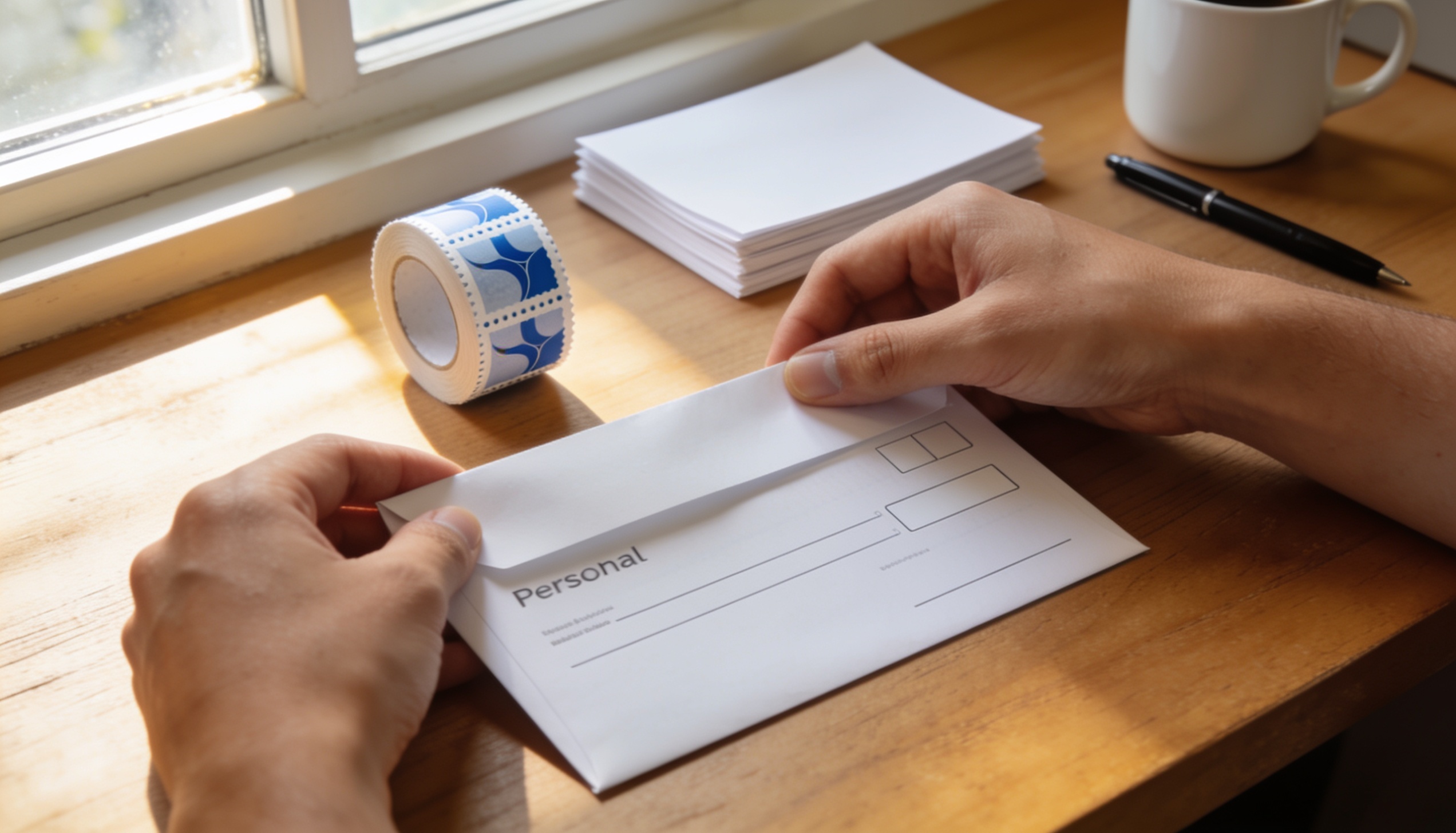 How to Send a Check by Mail – Hero Image Hands sealing a blank check inside an envelope next to a roll of US postage stamps and a coffee mug
