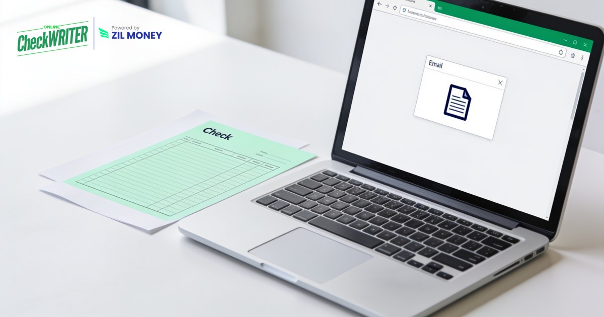Pay by eCheck by emailing a check with OnlineCheckWriter.com Business owner paying by eCheck by emailing a check from a laptop