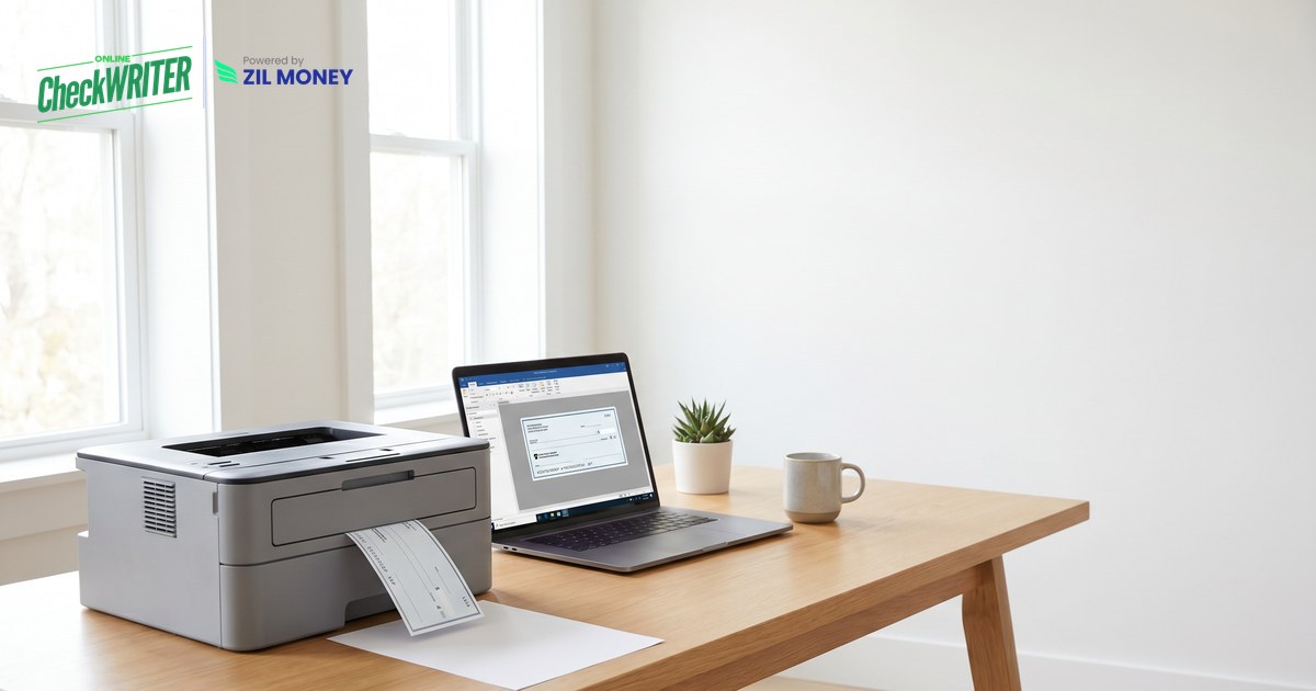 Print Checks Online Featured Image Magnific A printer producing a check beside a laptop, used to print checks online with OnlineCheckWriter.com