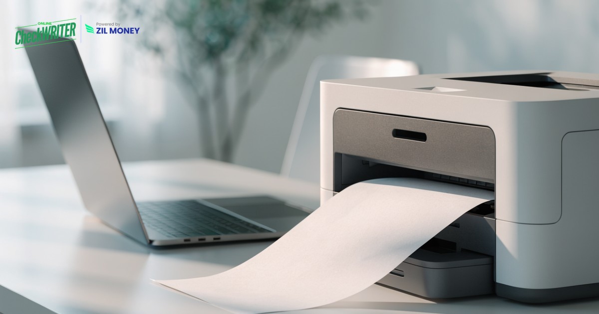 Print a Check Online v3 Laptop beside an office printer producing a page, used to print a check online