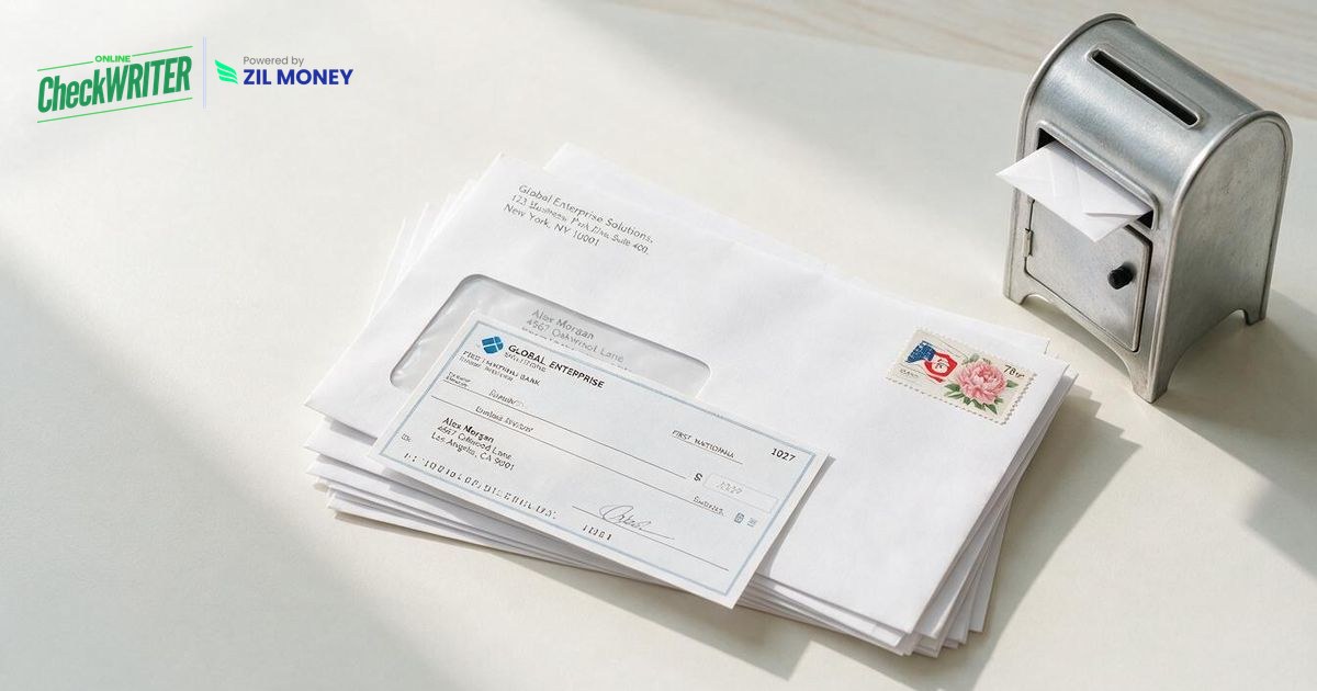 Check mailing service envelopes and checks ready to mail Check mailing service envelopes and checks ready to mail