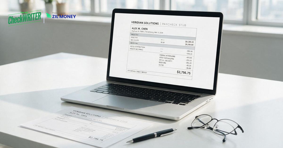 Check stubs online shown as a paycheck stub on a laptop screen Check stubs online shown as a paycheck stub on a laptop screen