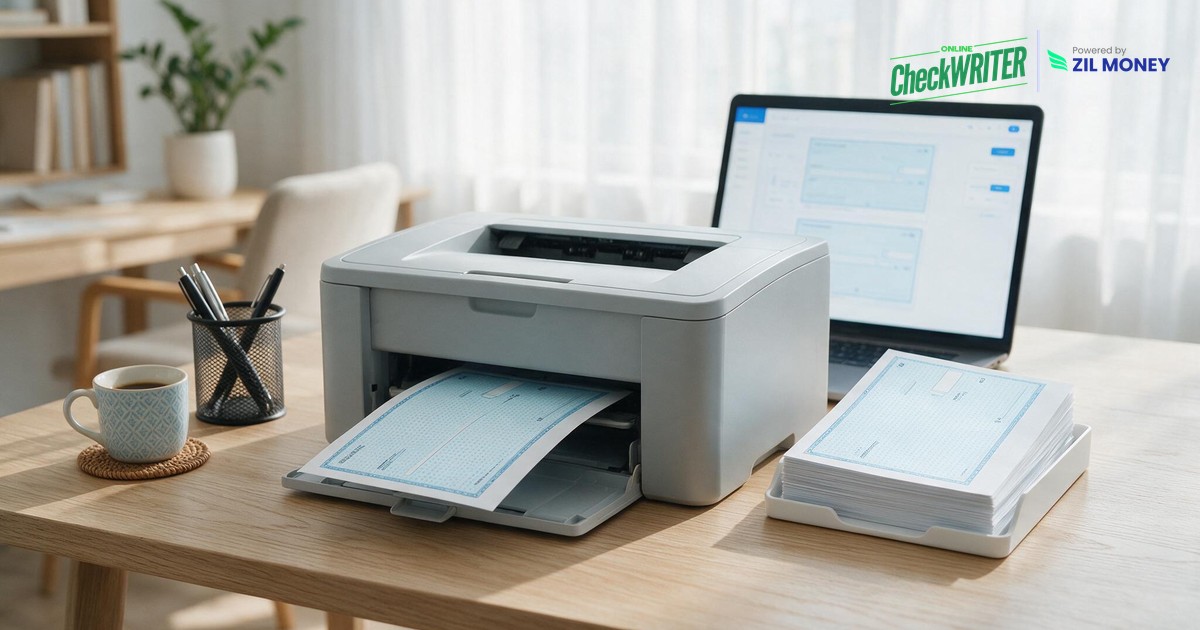 Business owner printing blank checks on demand with check software Business owner printing blank checks on demand with check software