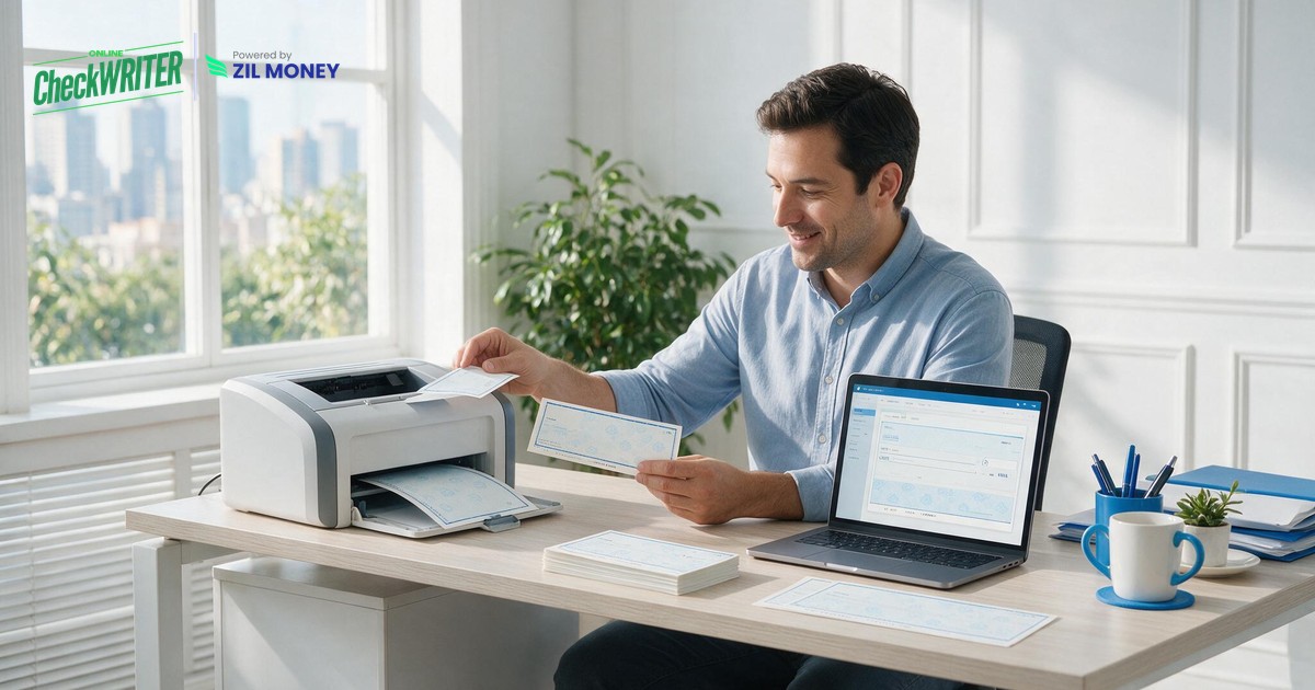 Business owner printing checks for a Bank of America account on blank stock Business owner printing checks for a Bank of America account on blank stock