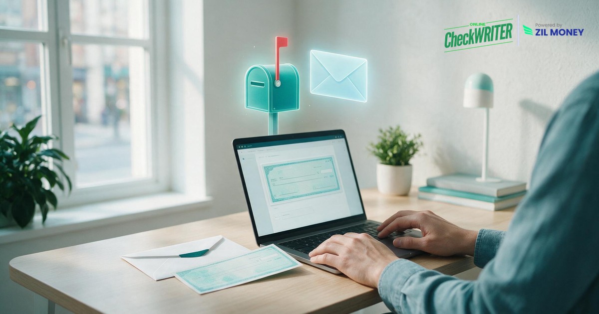 Person using a laptop to send a check online for print or mail Person using a laptop to send a check online for print or mail