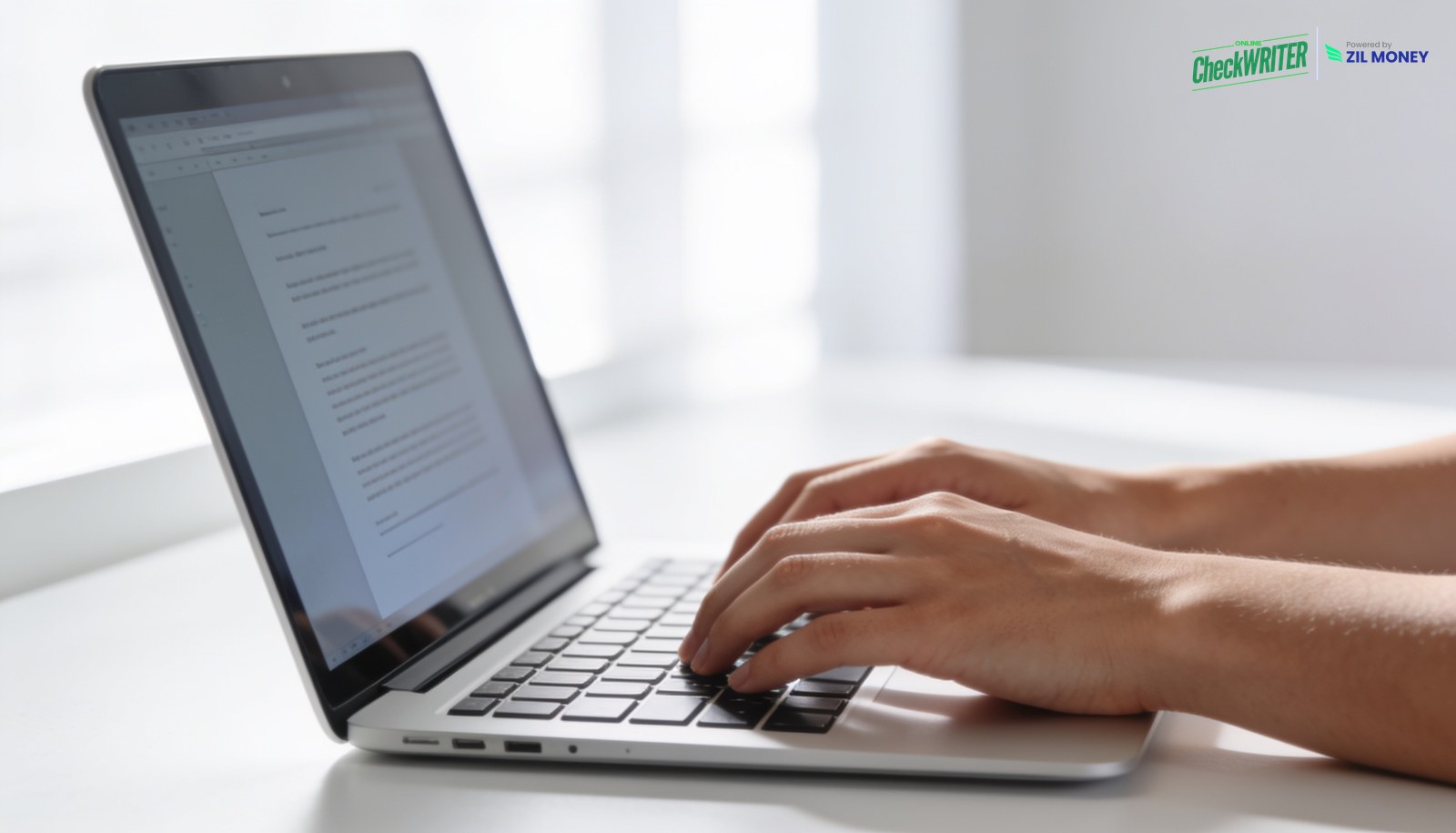 Generate a check online Hands typing on a laptop creating a document, illustrating how to generate a check online