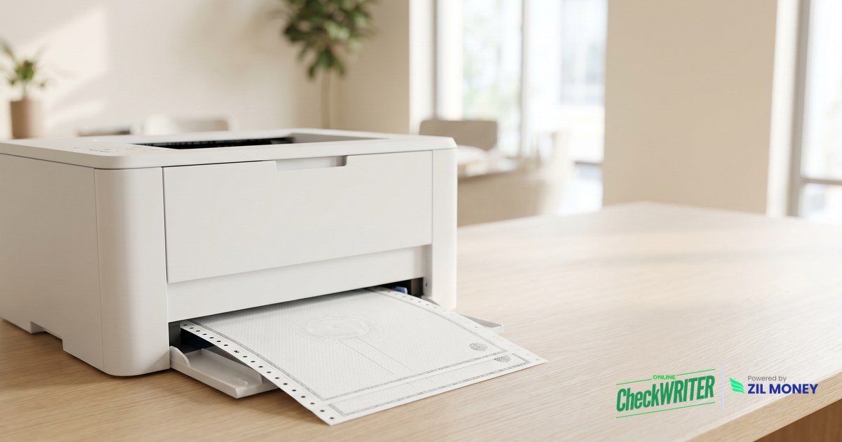 buy-blank-check-stock-paper Laser printer printing a check on blank check stock paper on an office desk