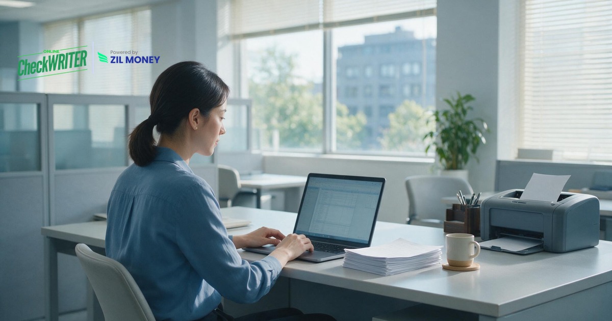 Business Checks Online: 6 Ways to Take Control of Your Check Run Finance team member managing business checks online at a desk with a laptop and a laser printer