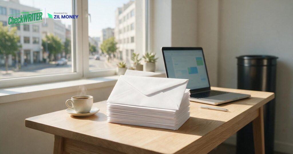 Sealed envelopes and a laptop on a desk showing check mailing for business payments