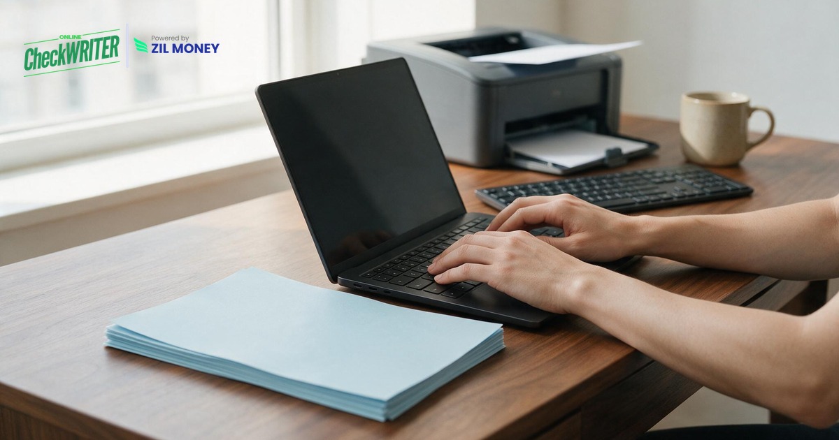 Check Makers: 6 Features to Look For Before You Choose One Person using check makers software on a laptop beside a laser printer and blank check stock