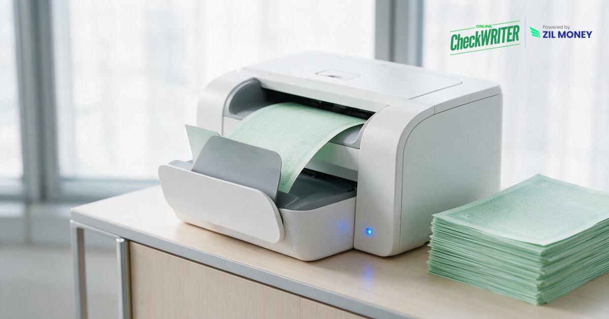 A laser printer handling check printing onto blank check stock in a bright office. A laser printer handling check printing onto blank check stock in a bright office.