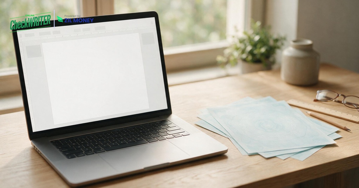 A blank check template layout open on a laptop beside blank check stock on a desk. A blank check template layout open on a laptop beside blank check stock on a desk.