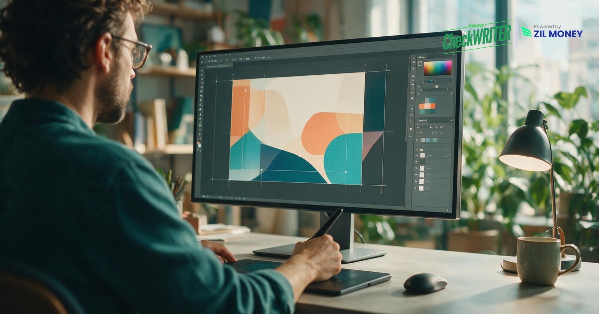 A designer working on screen to design a check online with brand colors and layout guides. A designer working on screen to design a check online with brand colors and layout guides.