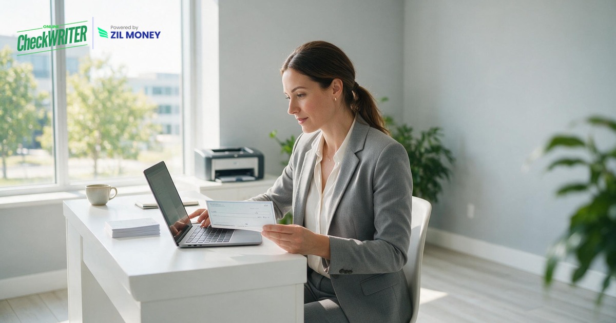 A finance manager sending digital checks to vendors from a laptop in an office. A finance manager sending digital checks to vendors from a laptop in an office.