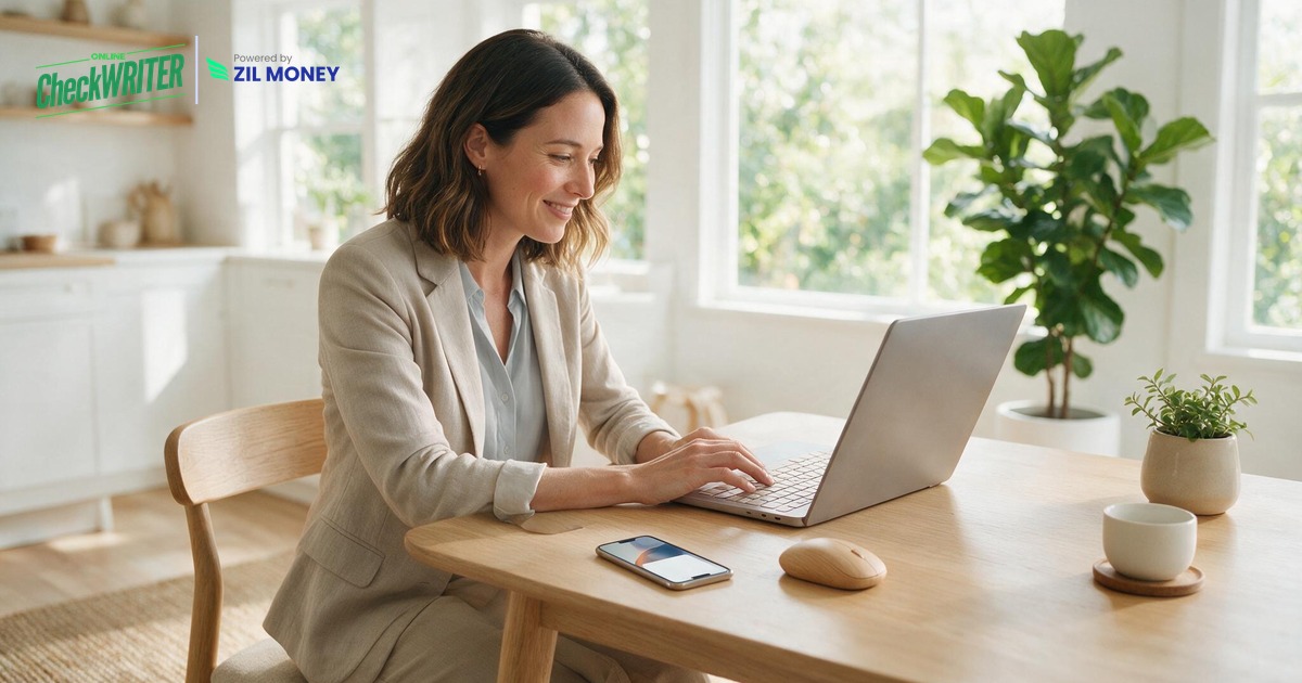 A business owner preparing to email checks to vendors from a laptop at a bright desk. A business owner preparing to email checks to vendors from a laptop at a bright desk.