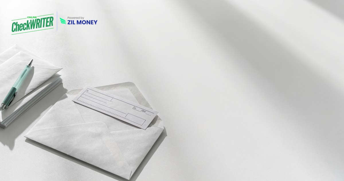 Mail a check online without the post office Business check sliding out of a sealed envelope, ready to mail a check online