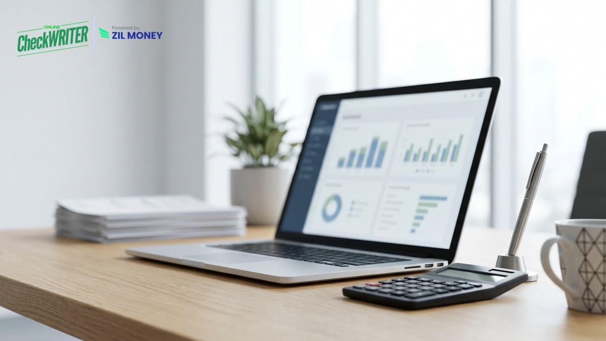 Make a pay stub online on a laptop at a payroll desk, OnlineCheckWriter.com Make a pay stub online on a laptop at a payroll desk, OnlineCheckWriter.com