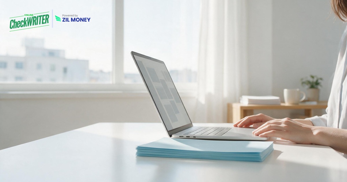 A PDF check open on a laptop beside a stack of blank check stock on a bright desk. A PDF check open on a laptop beside a stack of blank check stock on a bright desk.