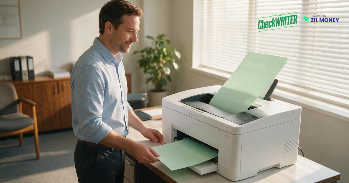 Walmart Checks Online: 6 Steps to Print Your Own On Demand Business owner printing an alternative to Walmart checks online on blank check stock with a laser printer