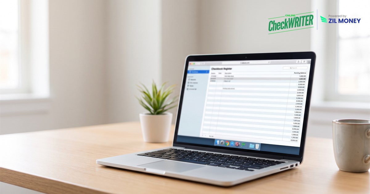 7 Reasons an Online Checkbook Register Beats a Paper One Online checkbook register showing a running balance and logged check entries on a laptop