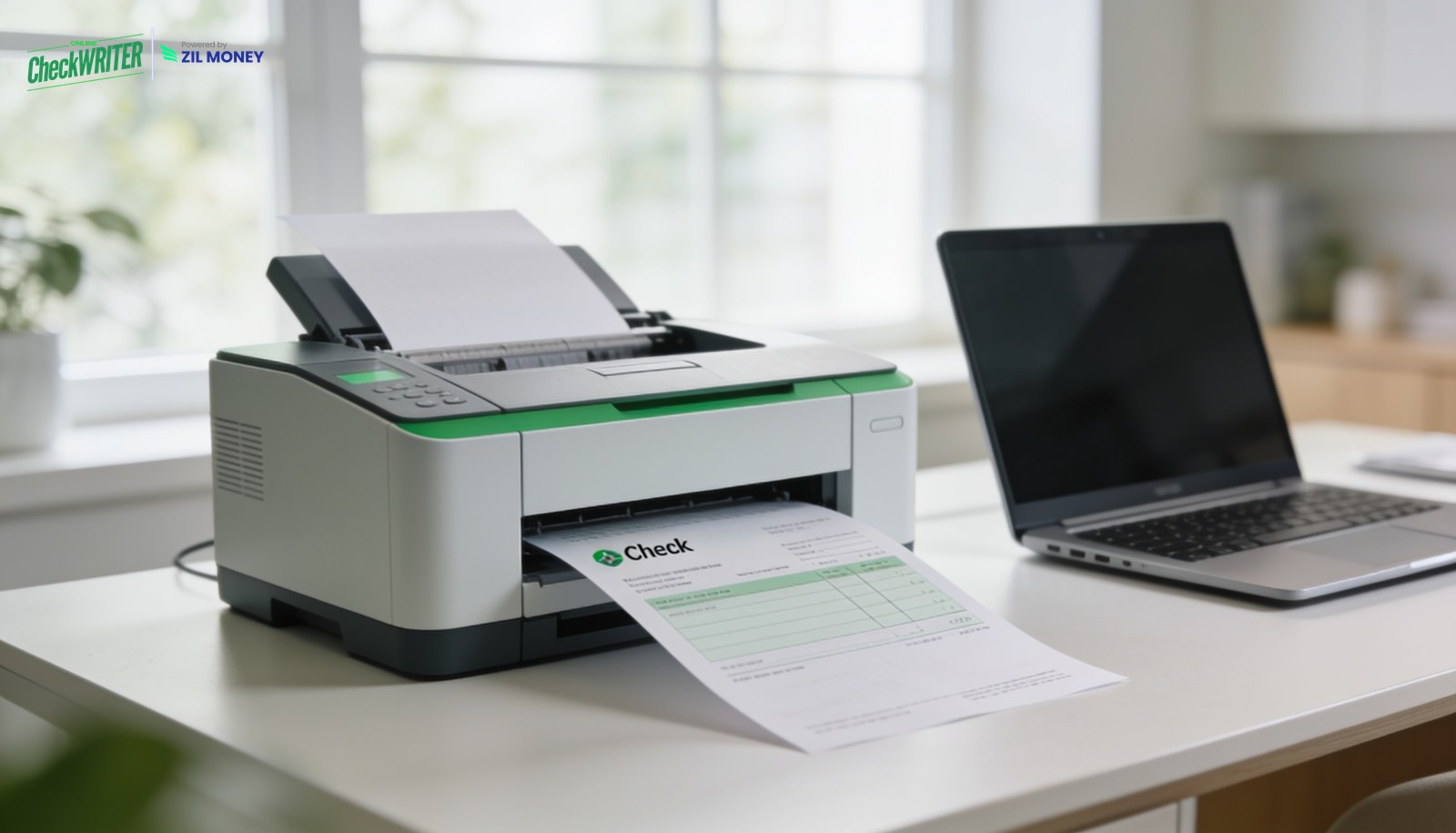 Print checks at home Home office printer printing a check next to a laptop, illustrating how to print checks at home