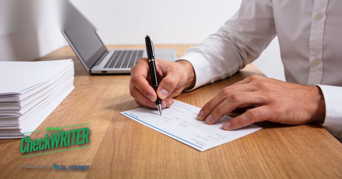 Attorney Trust Account Checks in Texas – IOLTA Check Writing Attorney signing an IOLTA trust account check at a desk next to a laptop and blank check stock in Texas, with the OnlineCheckWriter powered by Zil Money logo