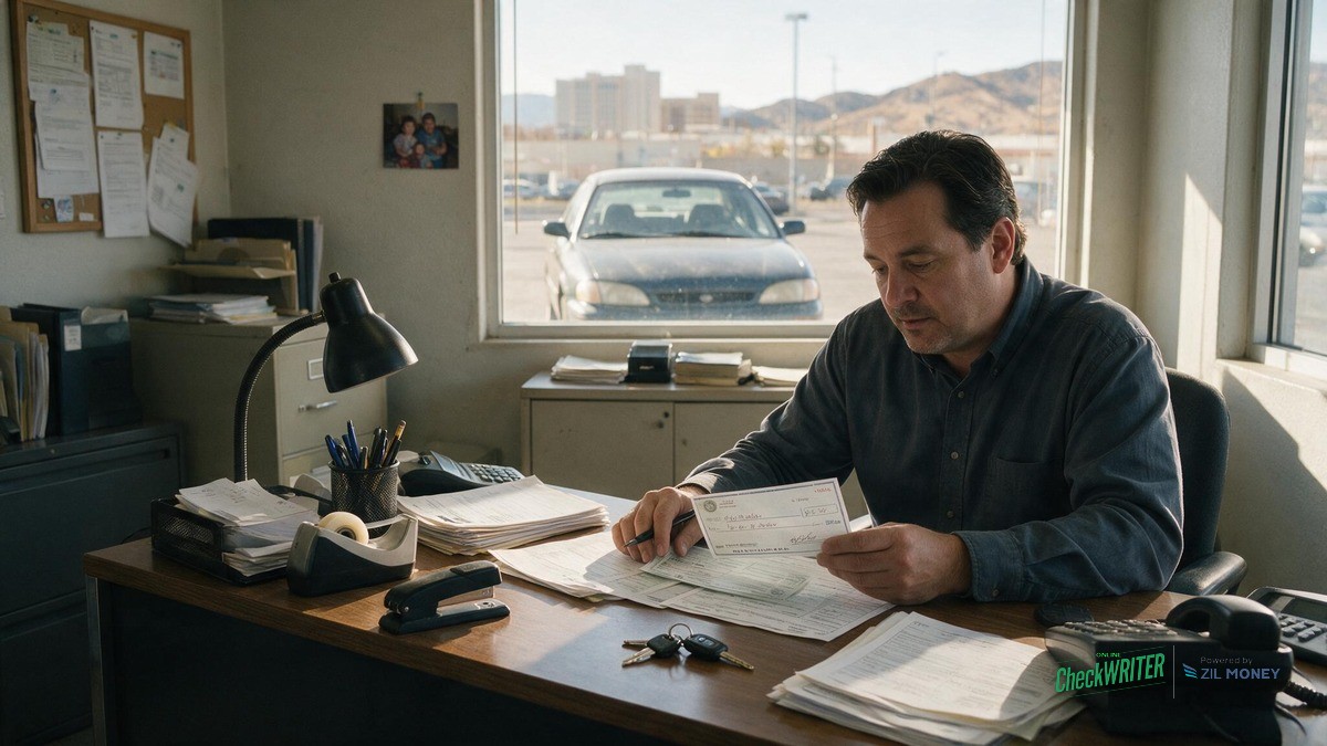 Bank Check vs Personal Check Reno Nevada Used Car Dealer Hero v2 Reno Nevada used car dealership finance manager reviewing a cashier's check and vehicle title