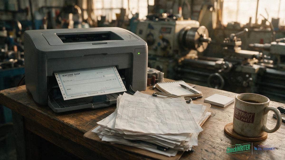 Bank Checks Online Detroit Machine Shop Hero Laser printer printing a bank check on a machine shop workbench in Detroit, Michigan, with steel supplier invoices and a coffee mug nearby, industrial machine shop in the background