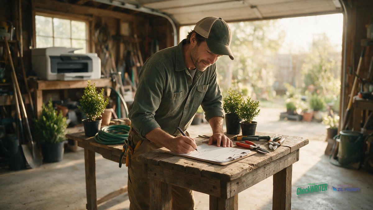 Business Checks for a Boise Idaho Landscaping Company Landscaping business owner writing a business check at a workshop desk in Boise, Idaho