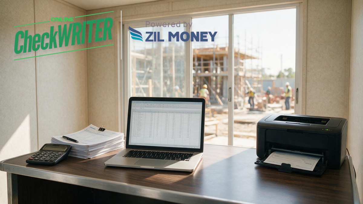 Certified payroll checks for a Florida construction subcontractor Payroll clerk's desk at a Florida construction subcontractor with a laser printer producing a certified payroll check, jobsite with workers visible through the window