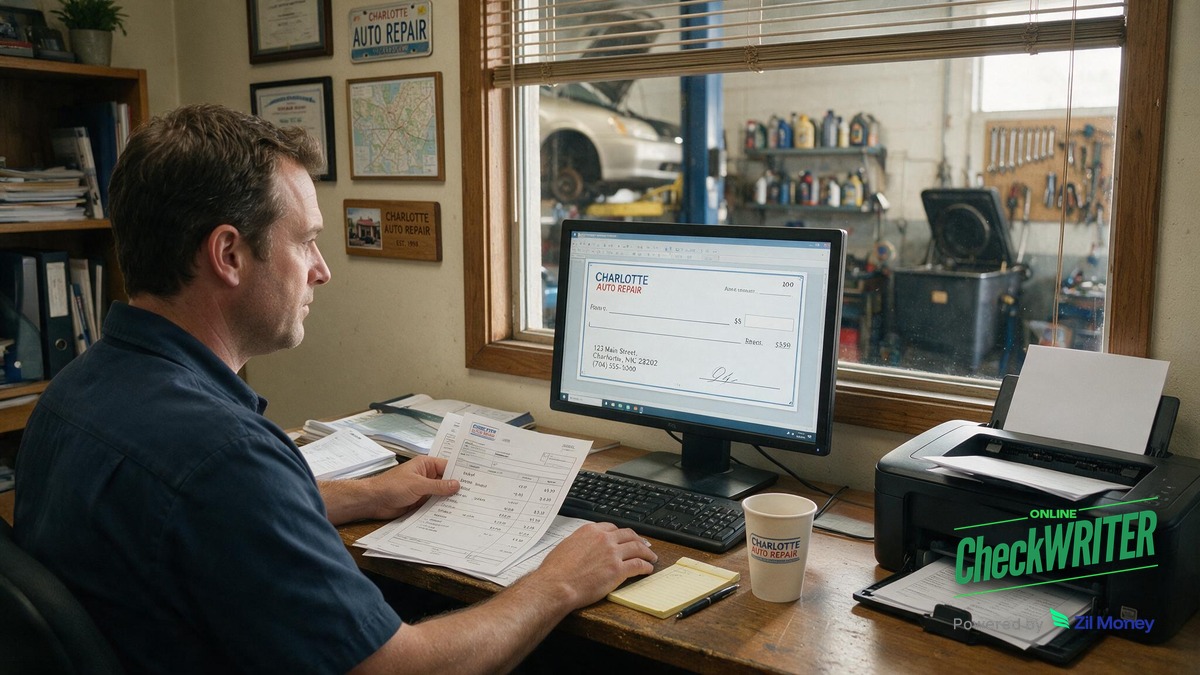 Charlotte auto repair shop designing a check printing template An auto repair shop manager in Charlotte designing a check printing template on a computer at the shop office