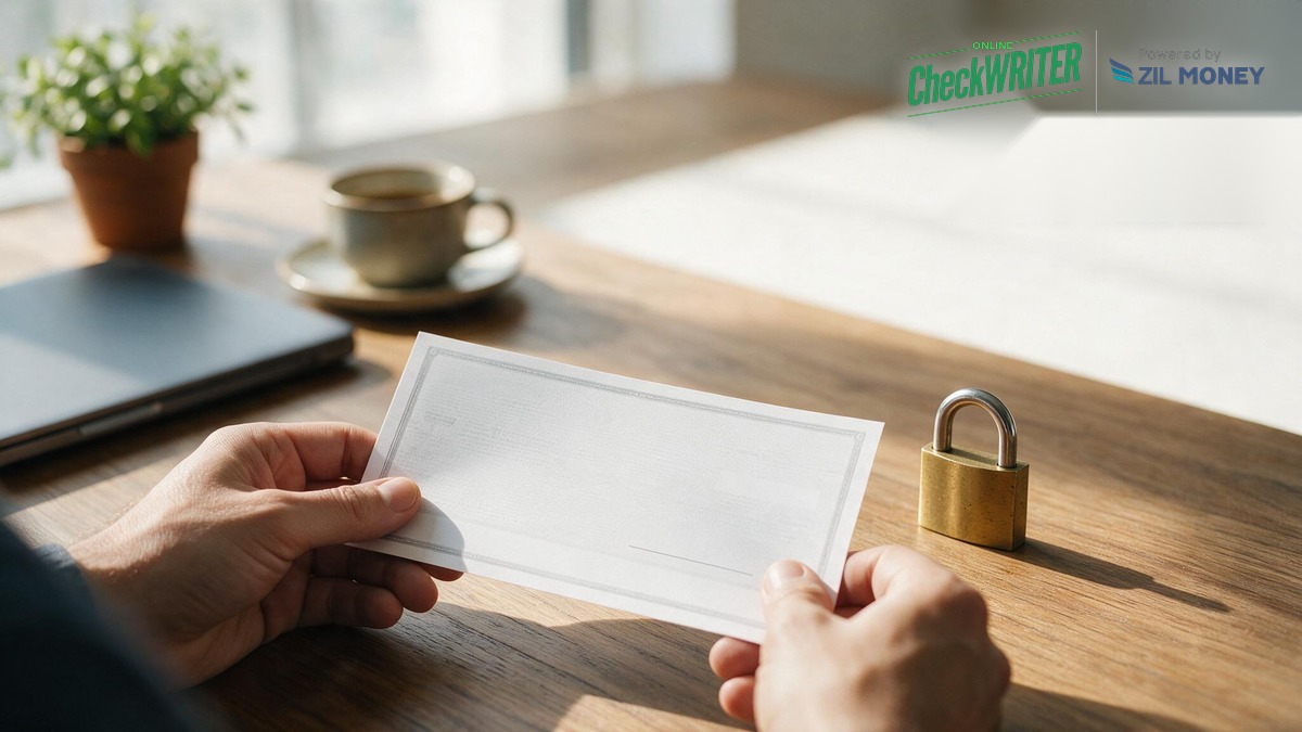 Check Designer Security Features Hero Check designer security features hero image with the new OnlineCheckWriter, powered by Zil Money, logo