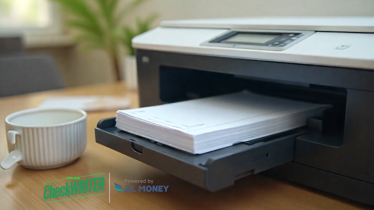 Check Paper for Printing Hero v2 Check paper for printing loaded into a laser printer tray on a business desk