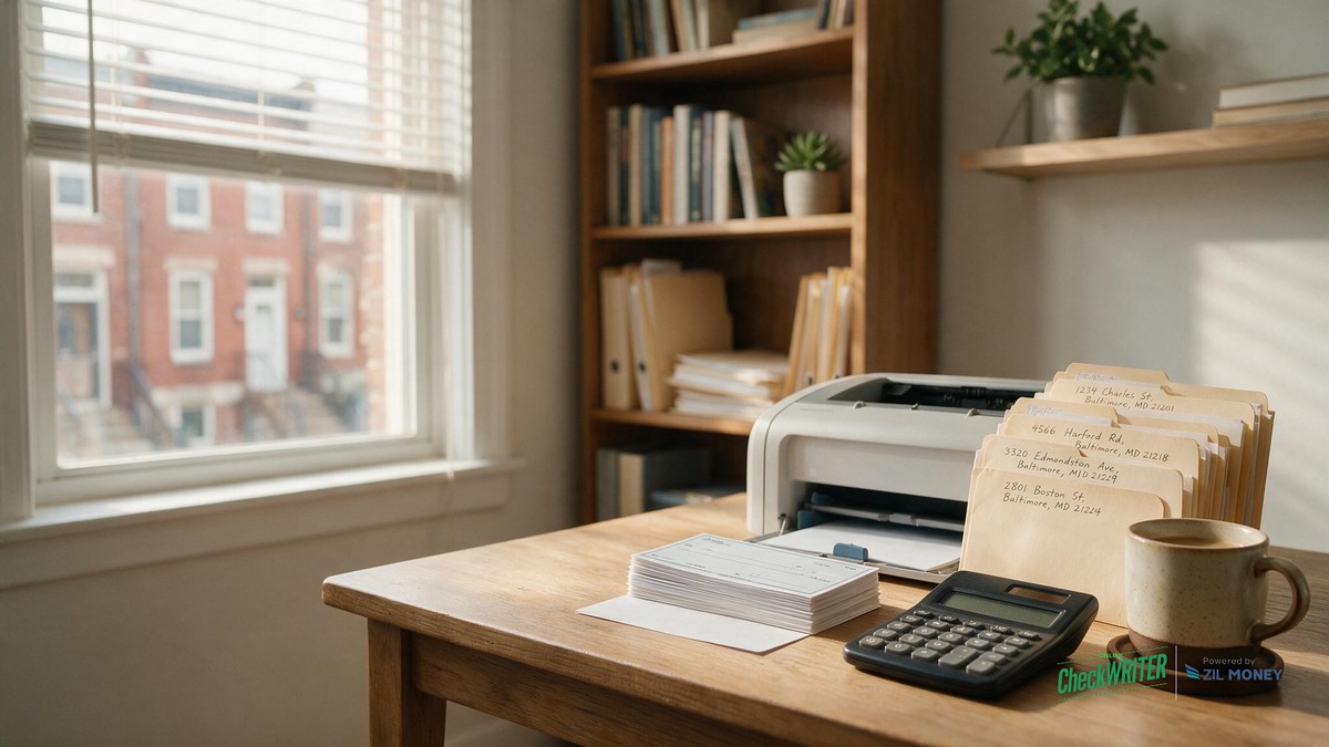 Check Writing for Baltimore Property Managers Hero Home office desk with printed checks, a laser printer, and property address folders for a Baltimore property management company