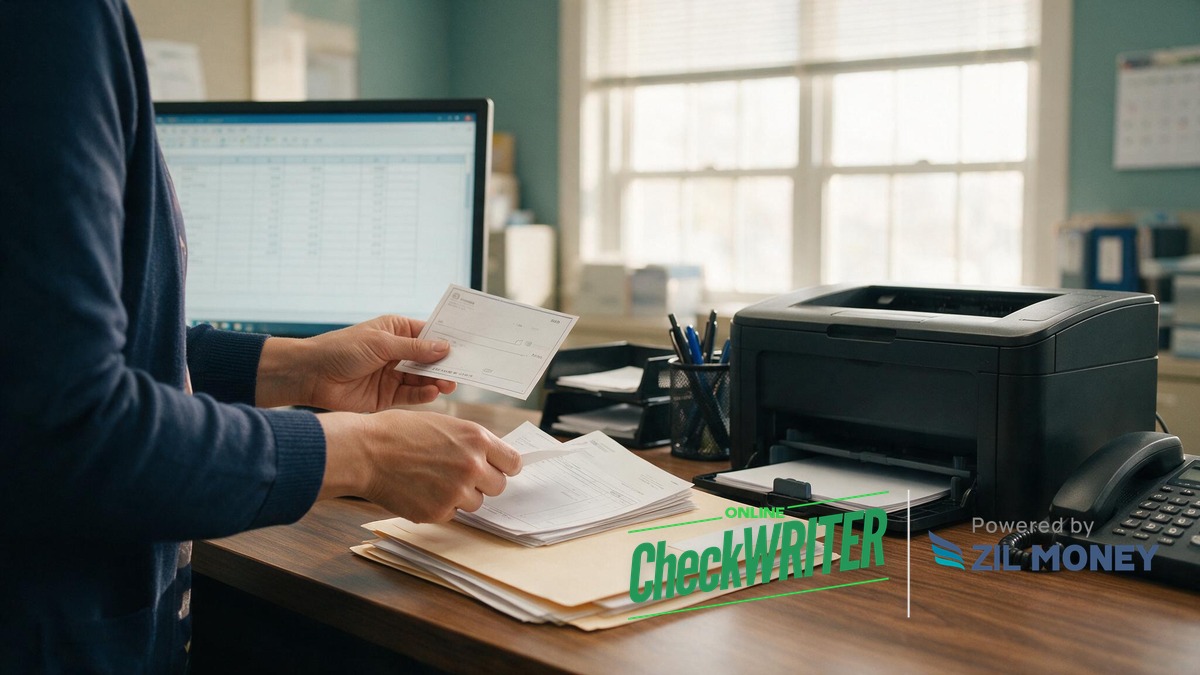 Check printing for medical and dental practices in Ohio hero image Office manager holding printed checks next to a laser printer in an Ohio medical or dental practice billing office