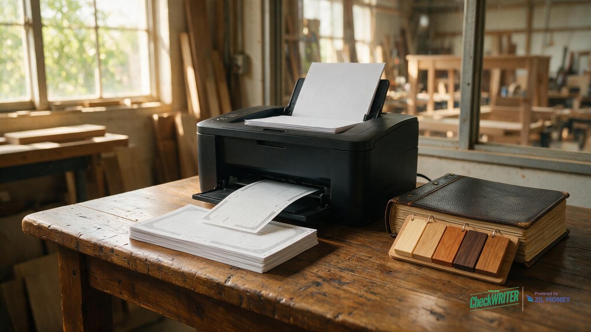 Check printing services in-house vs outsourced Columbia SC furniture manufacturer Laser printer mid-print on a wood workshop desk with blank check stock and wood swatches, OnlineCheckWriter Powered by Zil Money logo bottom right