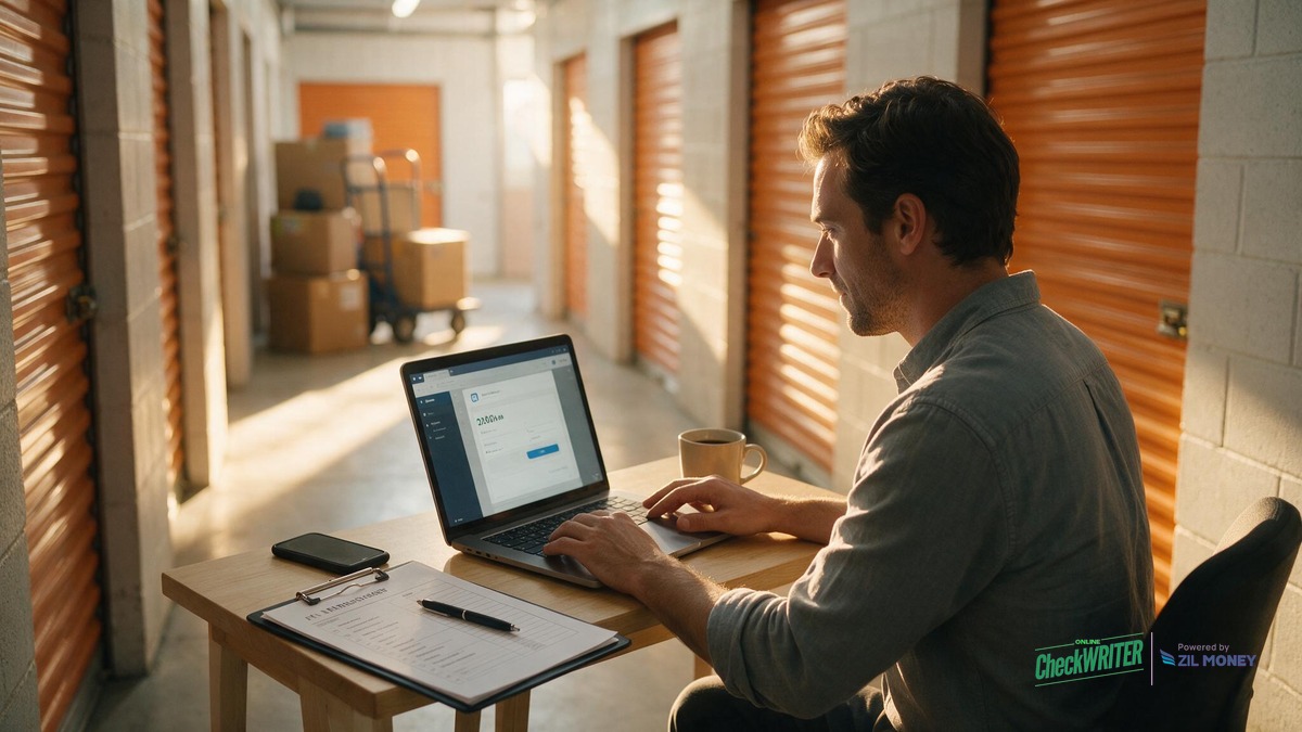Create an eCheck Online: A Providence Moving Company’s Guide Moving company office manager creating an eCheck online at a laptop inside a storage facility hallway, OnlineCheckWriter powered by Zil Money logo bottom right