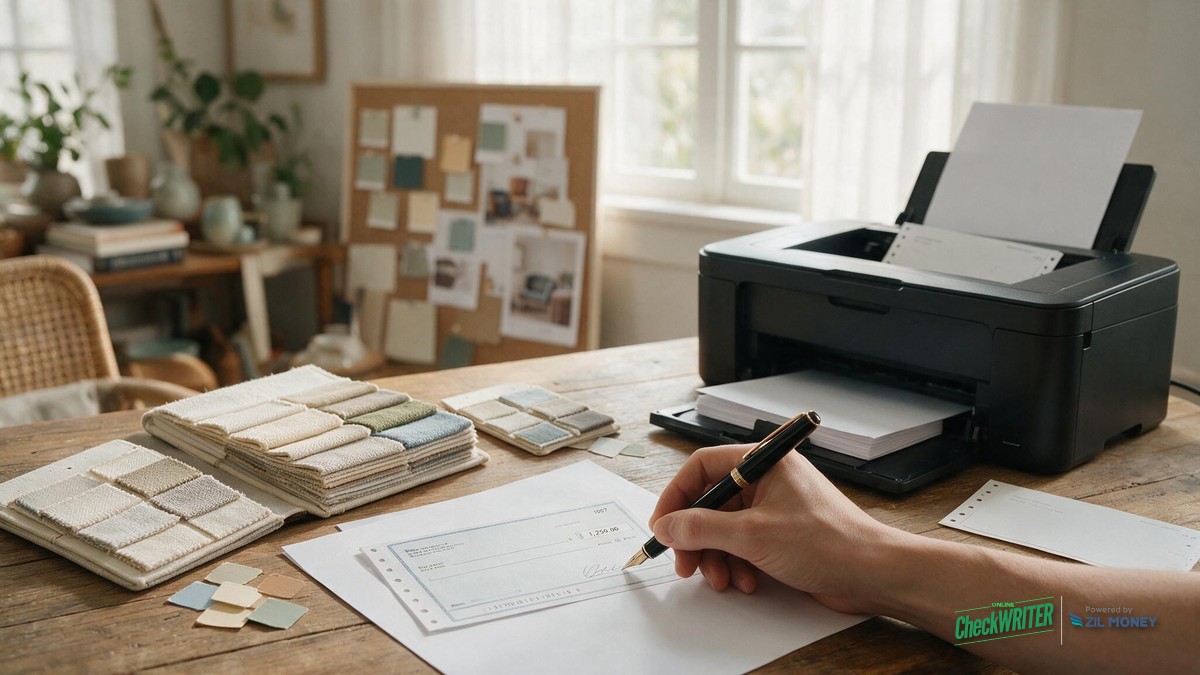 Design a Check Online: Hartford Interior Design Studio Interior design studio desk with fabric swatches and a hand writing a business check next to a laser printer, OnlineCheckWriter powered by Zil Money