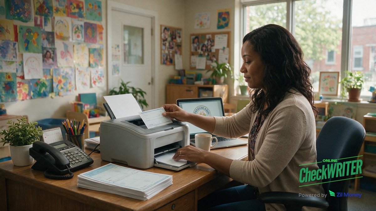 Detroit daycare owner printing a check the same day A Detroit daycare owner printing a check at the front desk using a laser printer and blank check stock