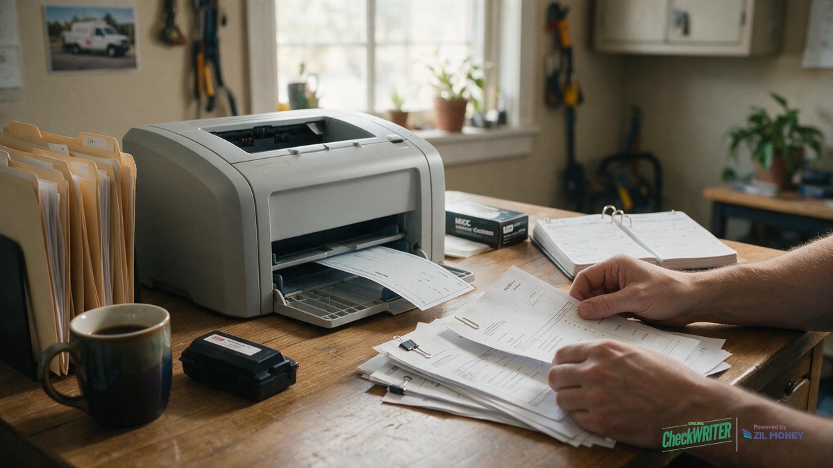 HVAC contractor office printing a business check with a laser printer in Little Rock, Arkansas HVAC contractor office desk with a laser printer generating a check, MICR toner box, and paperwork, Little Rock Arkansas