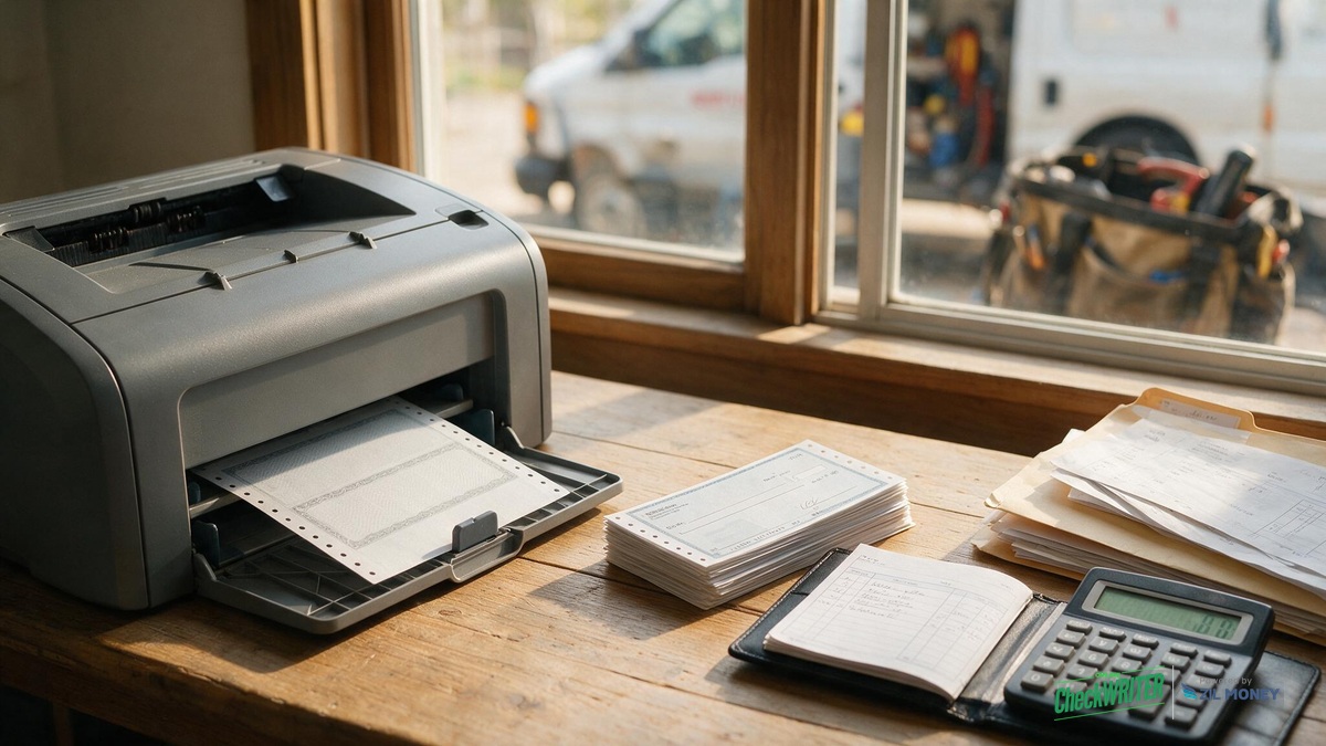 Home office desk with laser printer and printed business checks, HVAC contractor Spokane Washington Laser printer producing a business check on blank stock next to a stack of checks, a ledger, and a calculator, with a contractor van visible through the window
