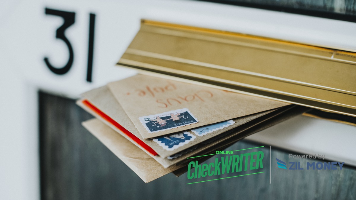 How Checks Unlimited Works Hero Mail carrier delivering envelopes through a mail slot, representing a Checks Unlimited pre-printed check order arriving by mail