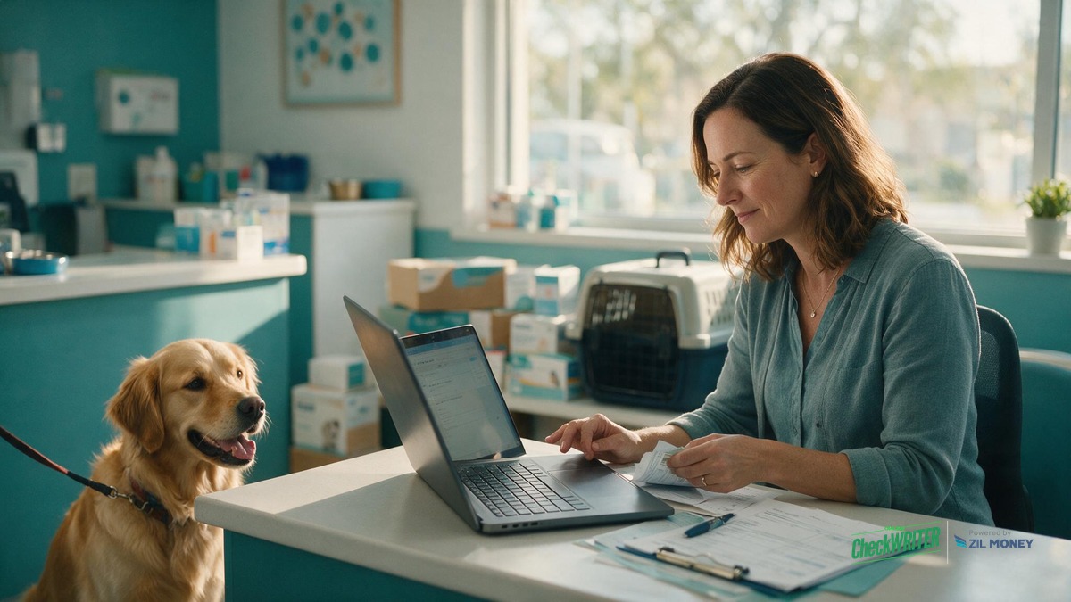 How a Tampa Veterinary Clinic Writes and Sends Checks Online Veterinary clinic office manager in Tampa, Florida writing a check online on a laptop at the front desk, with a golden retriever waiting nearby