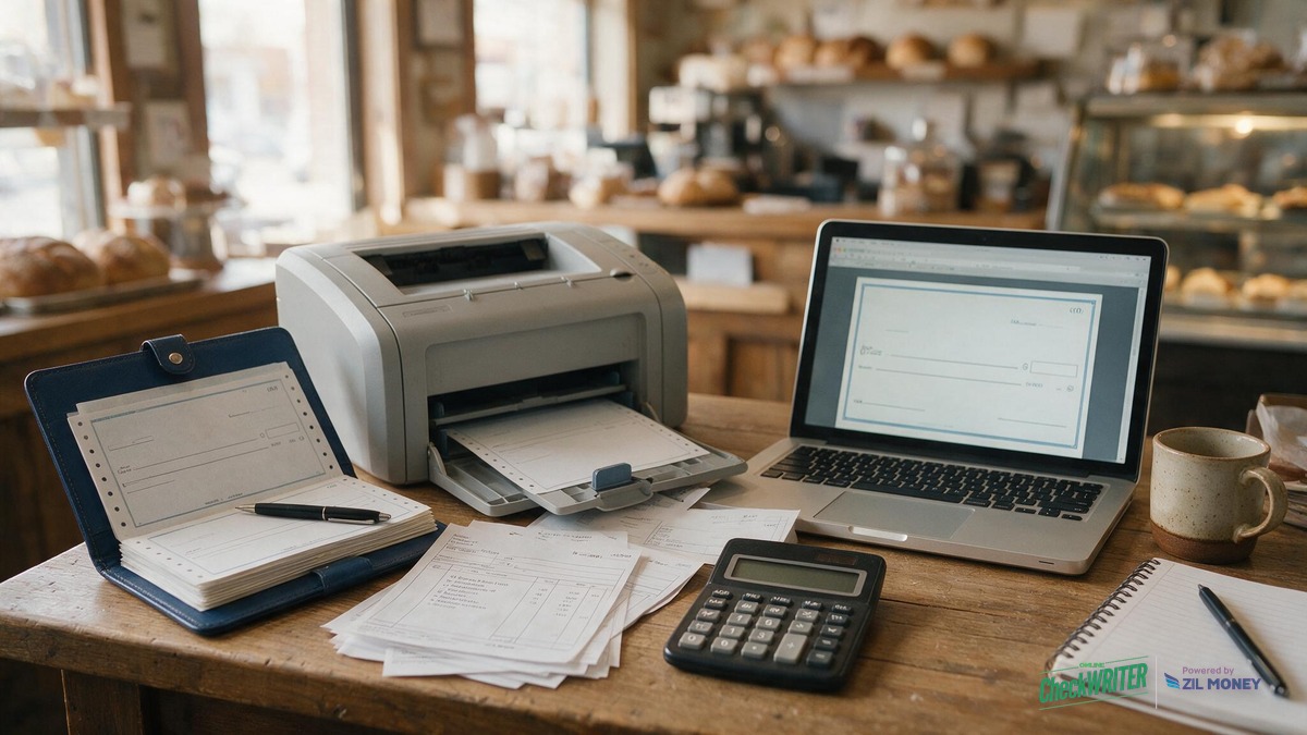 How to Build an Editable Check Template – Cheyenne, Wyoming Bakery Example Printer, laptop, and checkbook on a bakery counter, illustrating an editable check template for a Cheyenne, Wyoming bakery