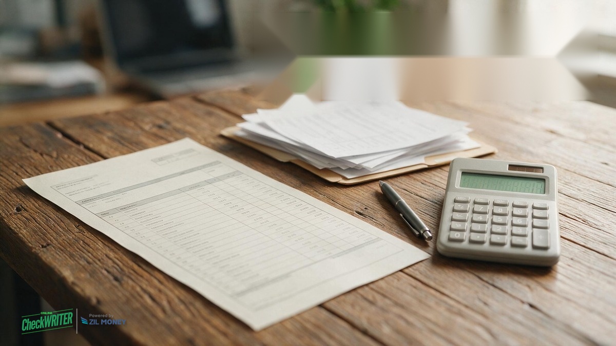 How to Print Pay Stubs – Hero Image Pay stub, calculator, and paperwork on a desk, with the OnlineCheckWriter, powered by Zil Money logo