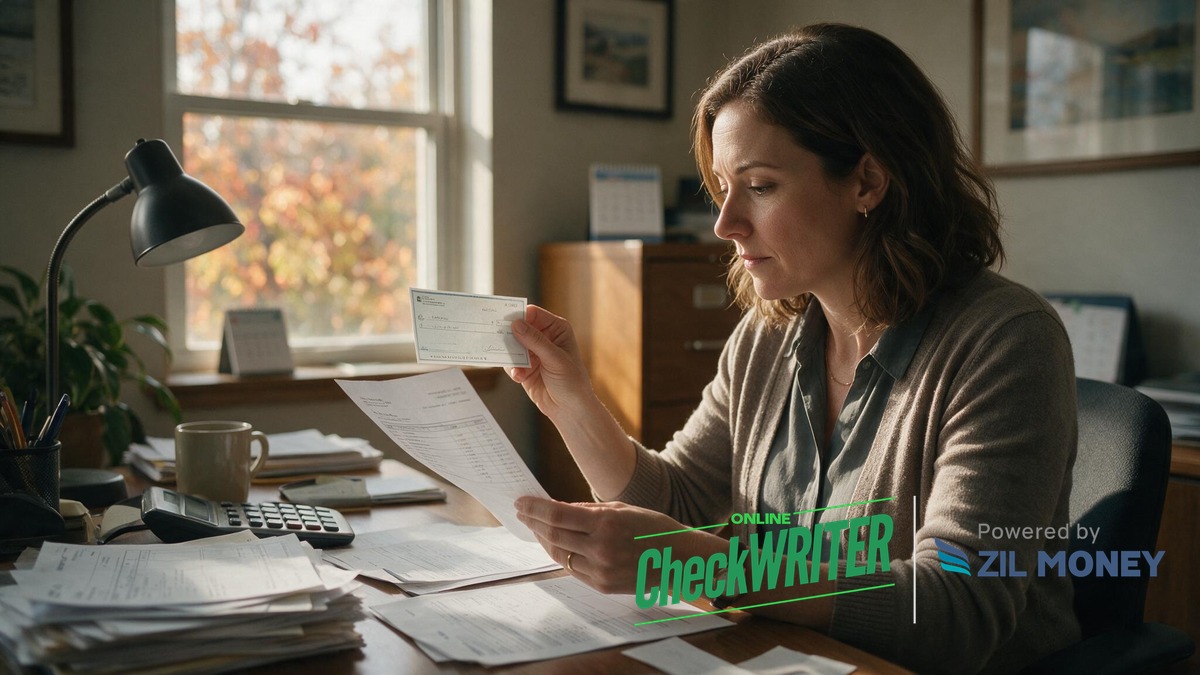 Illinois small business bookkeeper reviewing a vendor check for signs of alteration before it clears Small business bookkeeper in Illinois examining a vendor check against a bank statement, checking for signs of alteration before it clears