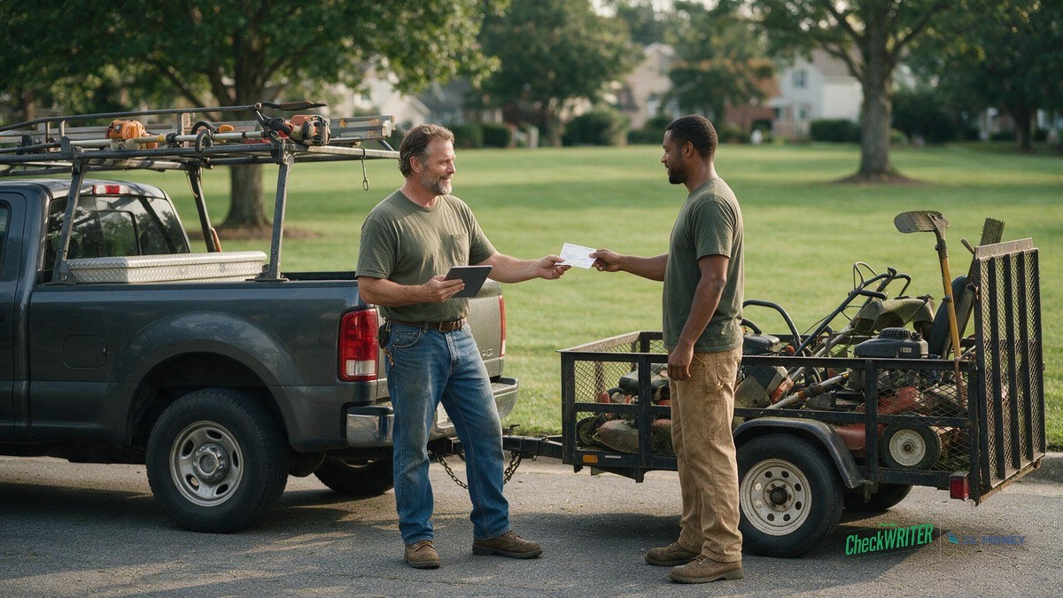 Instant Check Richmond Virginia Landscaping Crew Hero v2 Richmond Virginia landscaping crew owner handing a freshly printed paycheck to a crew member